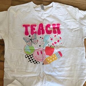 Gildan White Tee with Pink 'Teach' Graphic